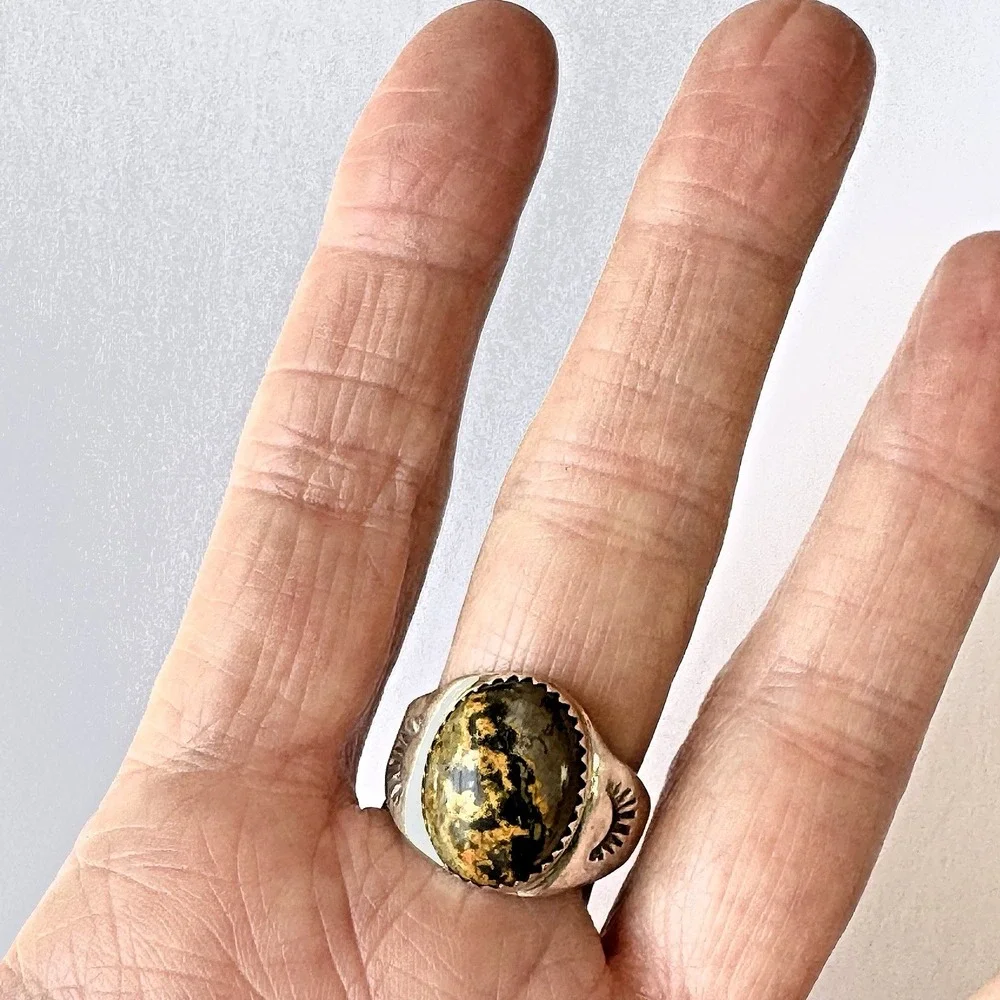 Navajo Bumblebee‎ Jasper Mens Ring Sz 9.5 Annie Lincoln Sterling Handmade Band